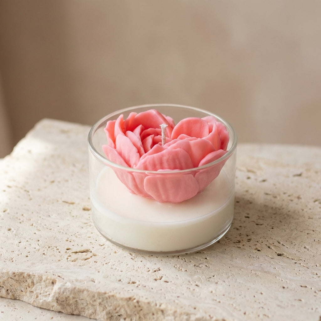Blooming heart glass candle styled beautifully as a deeply romantic, luxurious gift on a modern bedside table.