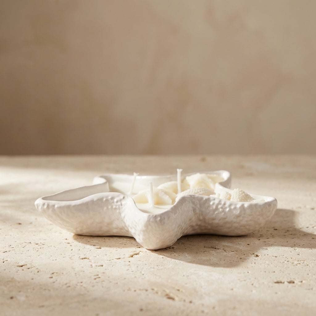 Coastal starfish candle burning with three wicks, styled beautifully as a serene ocean-inspired aesthetic addition to a bright bathroom oasis.