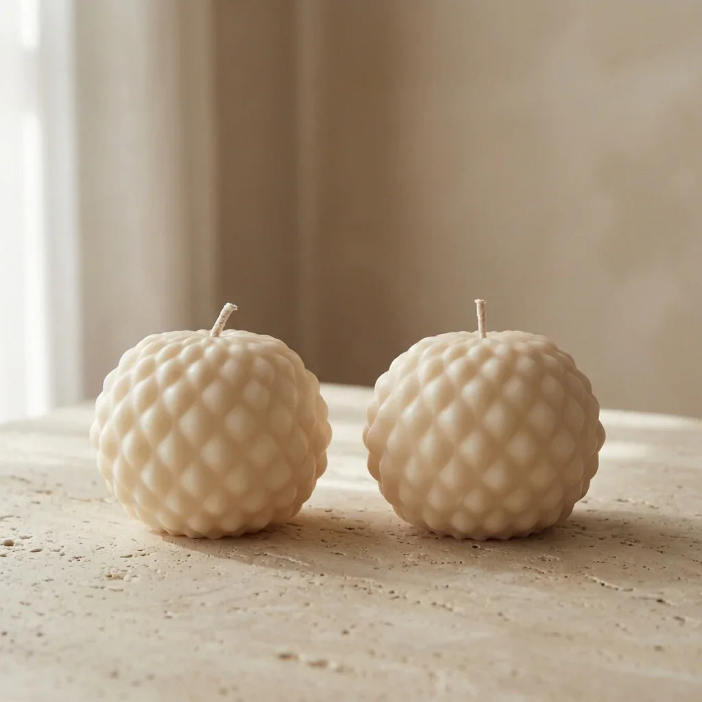Two textured spherical candles on a neutral surface with a blurred background