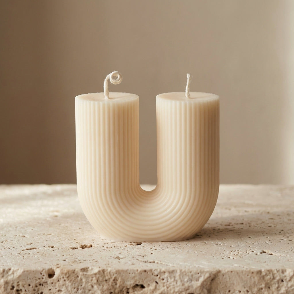 Fluted U-shape double wick candle styled beautifully as a modern, minimalist statement piece on an elegant coffee table.