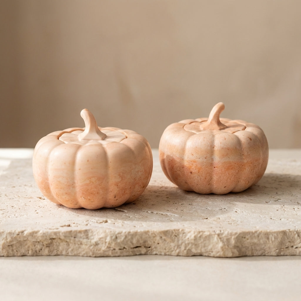 Two ceramic pumpkins on a stone surface with a neutral background