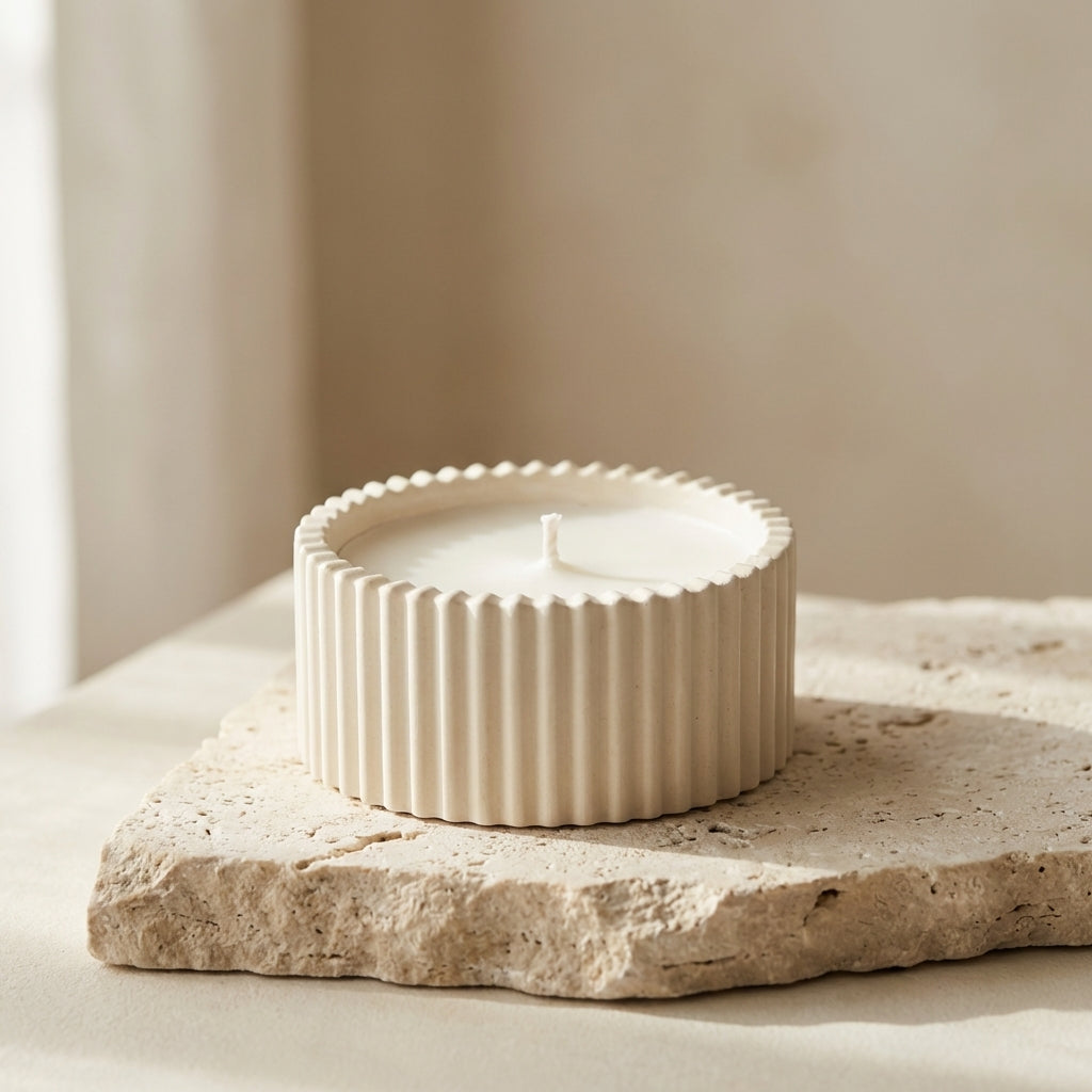 Petite fluted bowl candle styled beautifully as a modern, minimalist decor piece on a sleek bedside table alongside delicate jewelry.