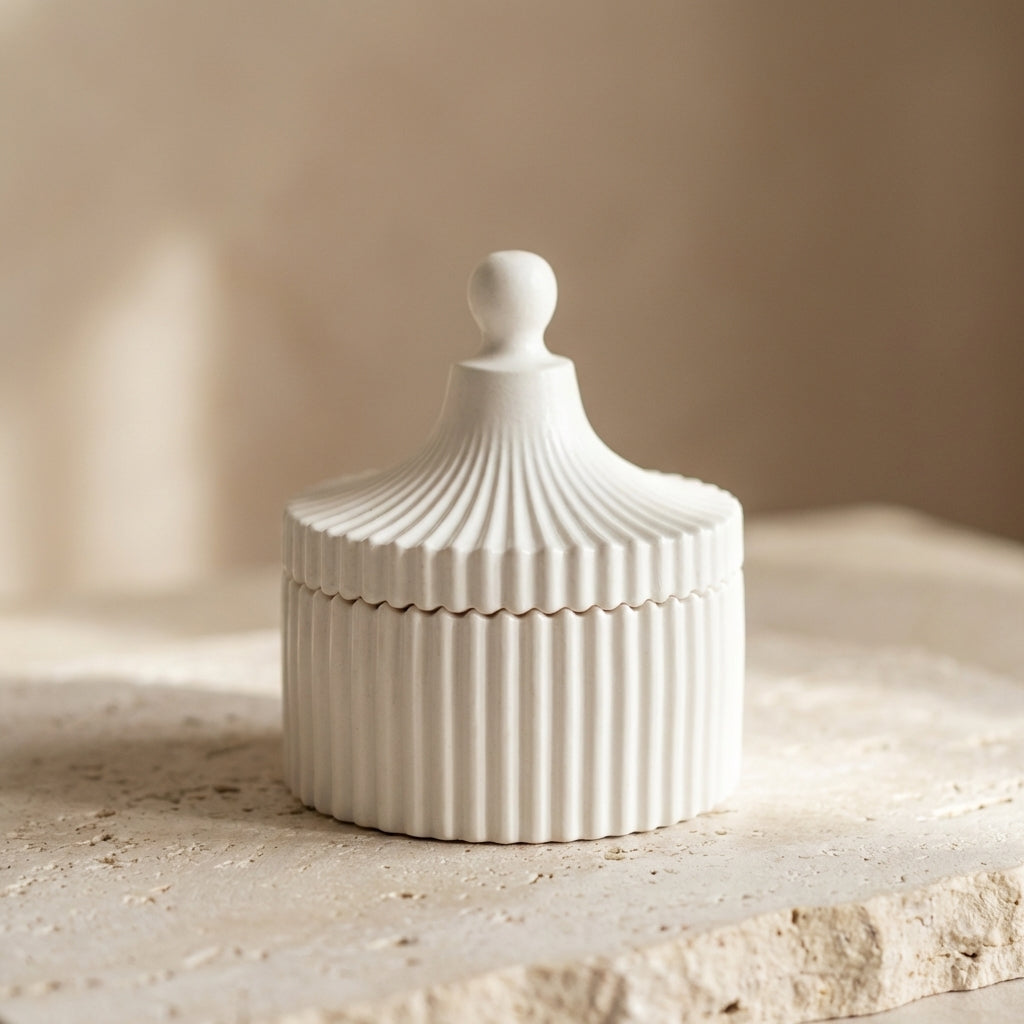 Petite fluted keepsake candle with its sculpted lid resting nearby, styled beautifully as a vintage-inspired trinket box on a chic bathroom vanity.