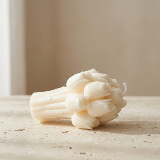 Sculptural tulip bouquet candle styled elegantly as a breathtaking, vibrant botanical centerpiece for a fresh spring tablescape.