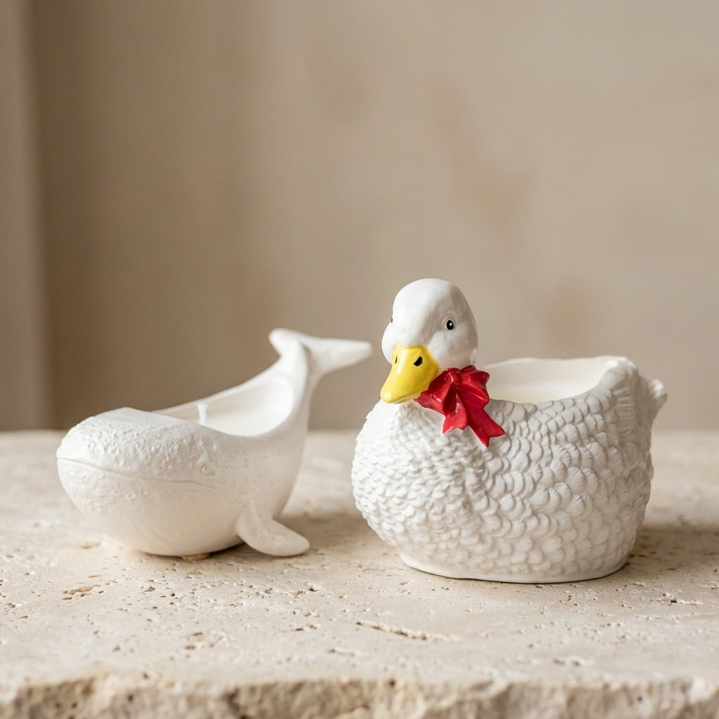 Two ceramic duck-shaped planters on a stone surface with a neutral background
