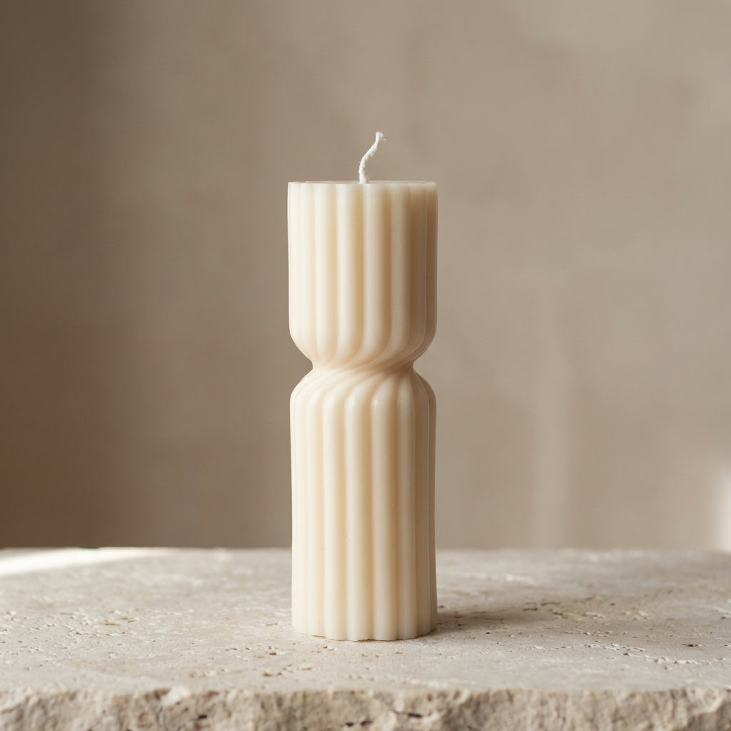 Close-up of a hand-poured soy wax tall ribbed hourglass pillar candle highlighting its classic fluted texture and gracefully pinched center.