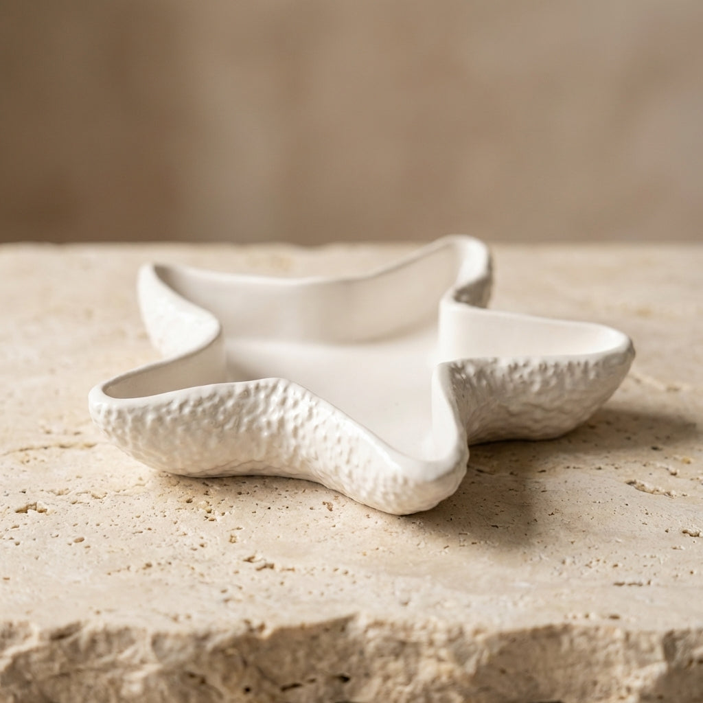 Textured starfish trinket dish styled beautifully as an elegant coastal catchall for daily jewelry on a modern nightstand.