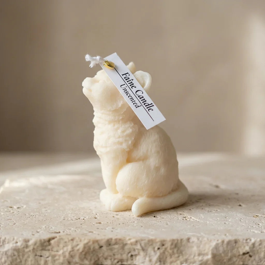 Close-up of a highly textured, hand-poured soy wax fluffy cat candle showing a peaceful, contented expression.