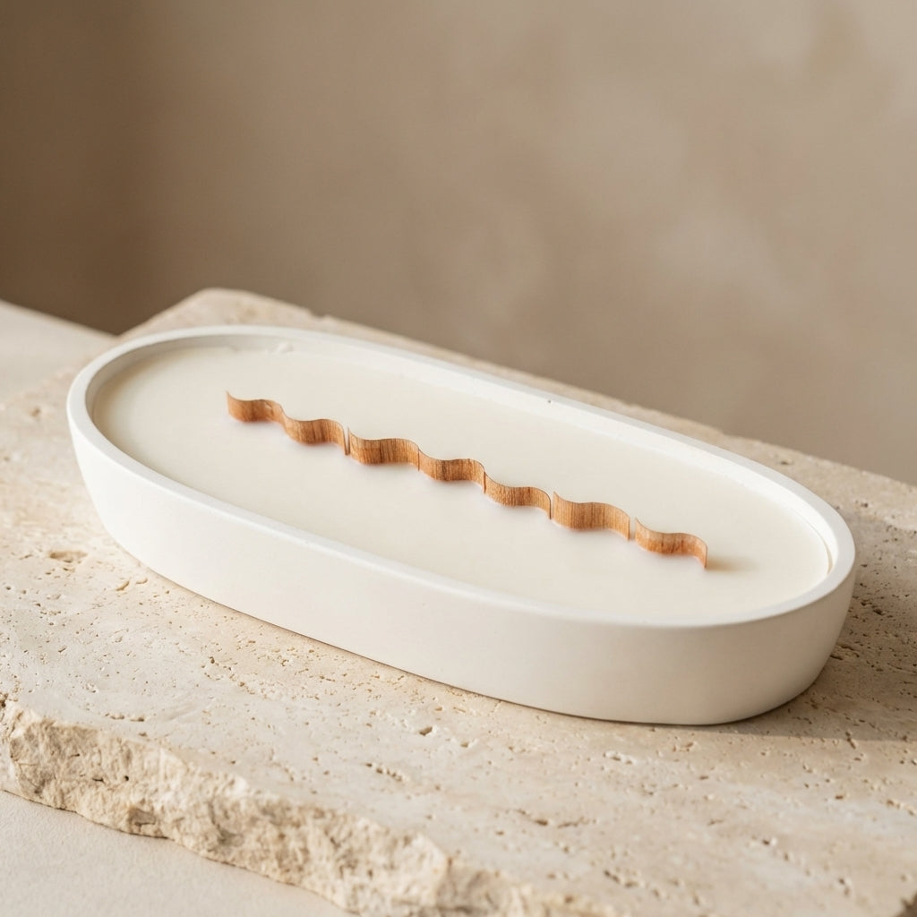Artisan oval centerpiece candle burning with a mesmerizing wide horizontal flame, styled beautifully as a luxury focal point on a modern dining table.