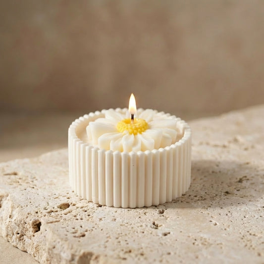 Blooming daisy fluted bowl candle styled beautifully as a sunny, cheerful spring accent on a modern desk setup.