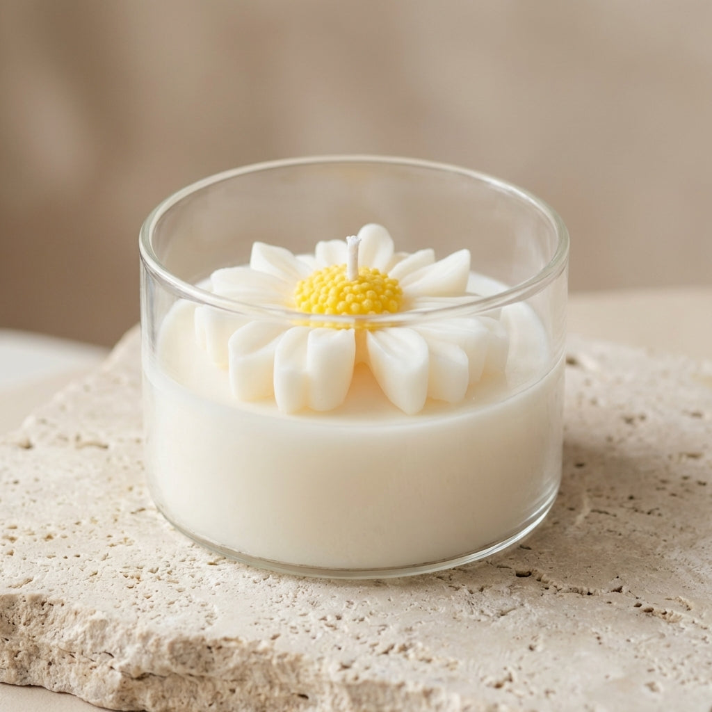 Blooming daisy glass candle styled beautifully as a cheerful, sunny spring accent on a modern living room coffee table.