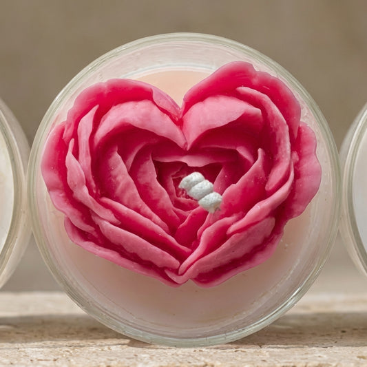 Blooming heart glass candle styled beautifully as a deeply romantic, luxurious gift on a modern bedside table.