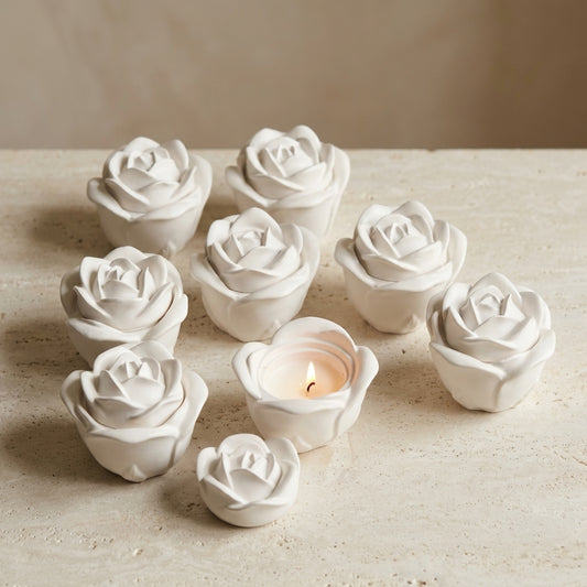 Close-up of a meticulously sculpted gypsum rose jar and matching lid, featuring hand-poured natural soy wax inside.