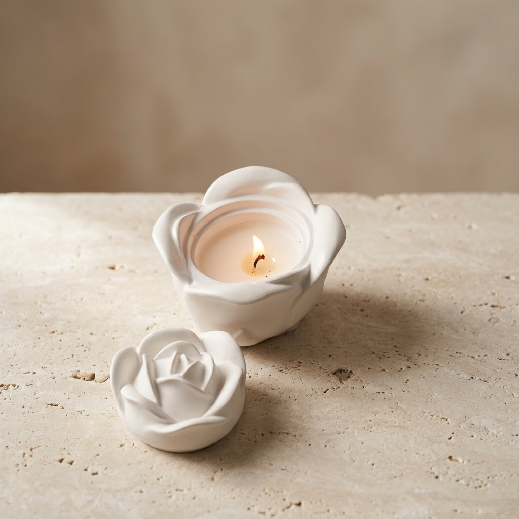 Close-up of a meticulously sculpted gypsum rose jar and matching lid, featuring hand-poured natural soy wax inside.