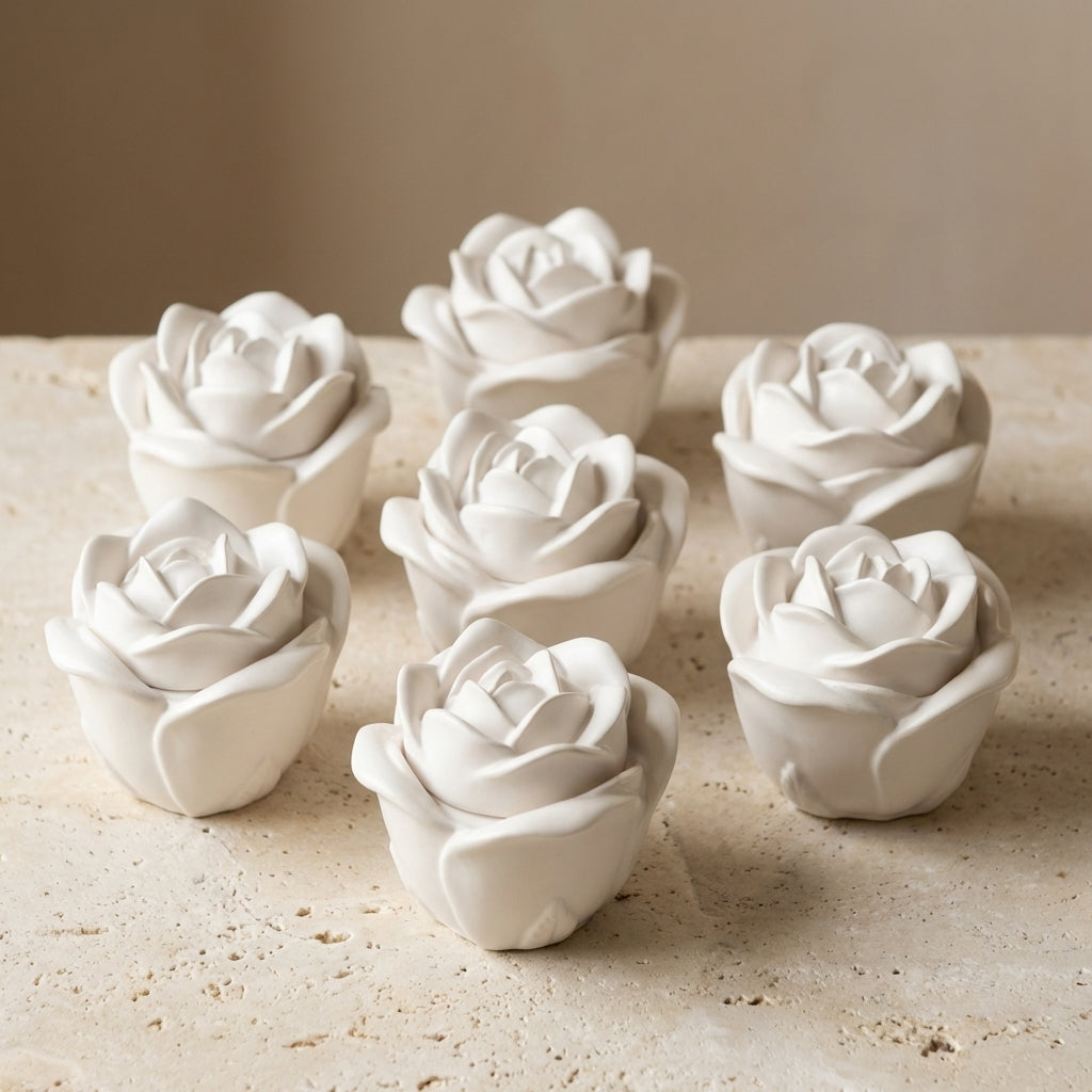 Blooming rose keepsake candle and trinket box styled beautifully as an elegant jewelry holder on a romantic aesthetic vanity.