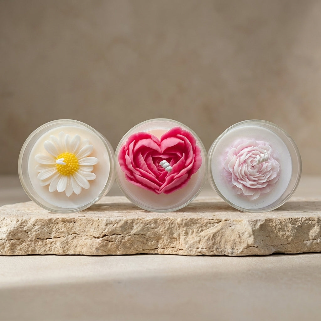Blushing  glass candle styled beautifully as a sophisticated, romantic floral accent on an elegant vanity setting.