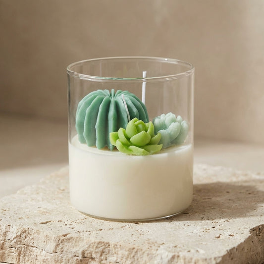 Close-up of a clear glass candle jar featuring a meticulously hand-crafted arrangement of lifelike green wax cacti and succulents resting on natural white soy wax.