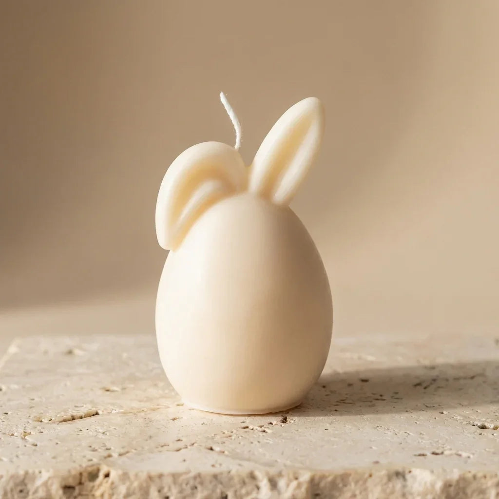 Close-up of a hand-poured soy wax bunny egg candle highlighting its smooth minimalist silhouette and playful ears.