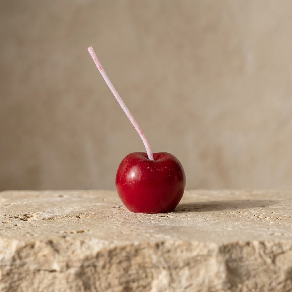 Close-up of a hand-poured soy wax cherry cake candle highlighting its hyper-realistic glossy red finish and extra-long wick stem.