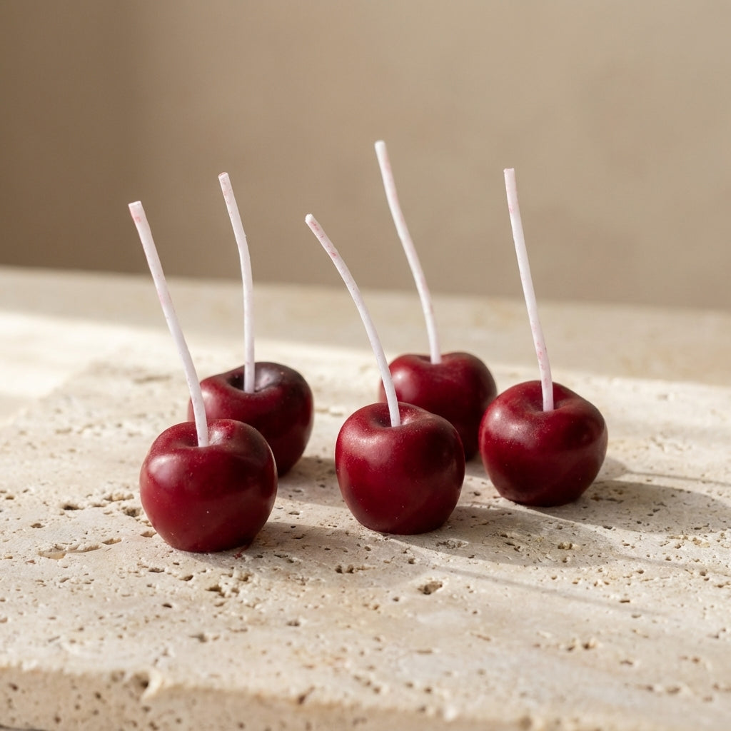 Cherry cake candles styled playfully as unique, vibrant toppers on a beautiful birthday cake.