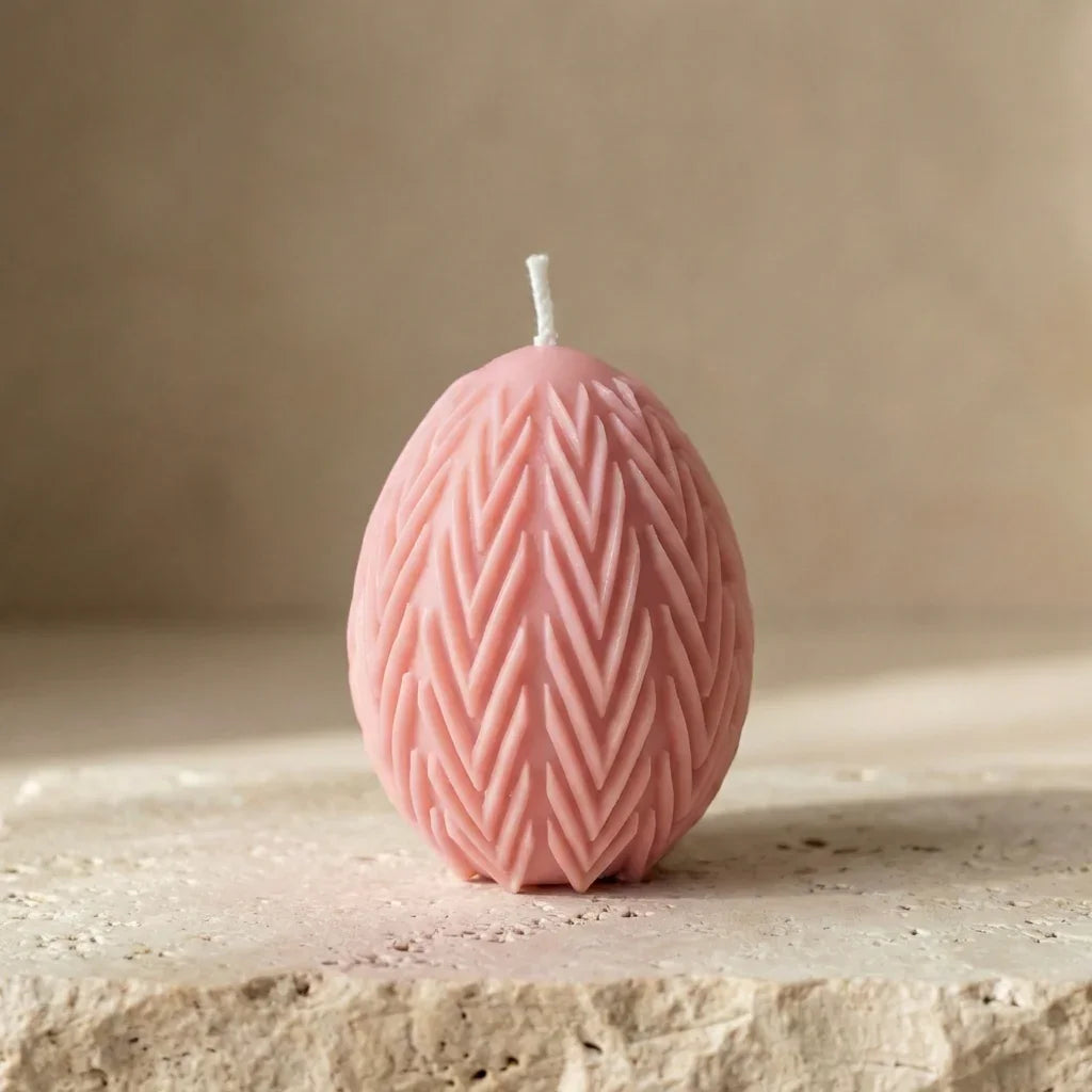 Close-up of a hand-poured pink soy wax egg candle highlighting its deeply embossed chevron leaf botanical pattern.