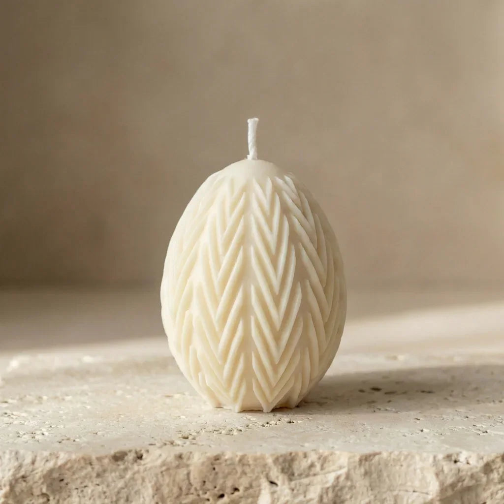 Close-up of a hand-poured soy wax egg candle highlighting its deeply embossed chevron leaf botanical pattern.