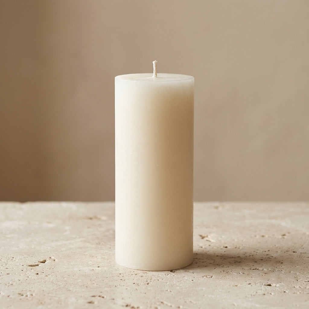 Close-up of a hand-poured soy wax classic smooth pillar candle highlighting its clean, minimalist cylindrical shape.