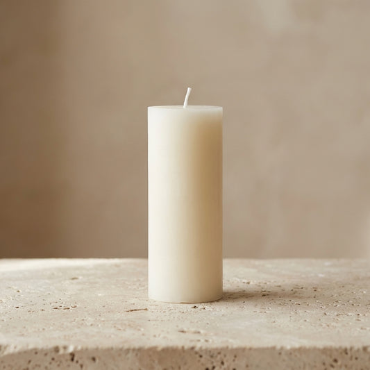 Classic smooth pillar candle styled beautifully next to textured sculptural candles for a balanced, curated home display.