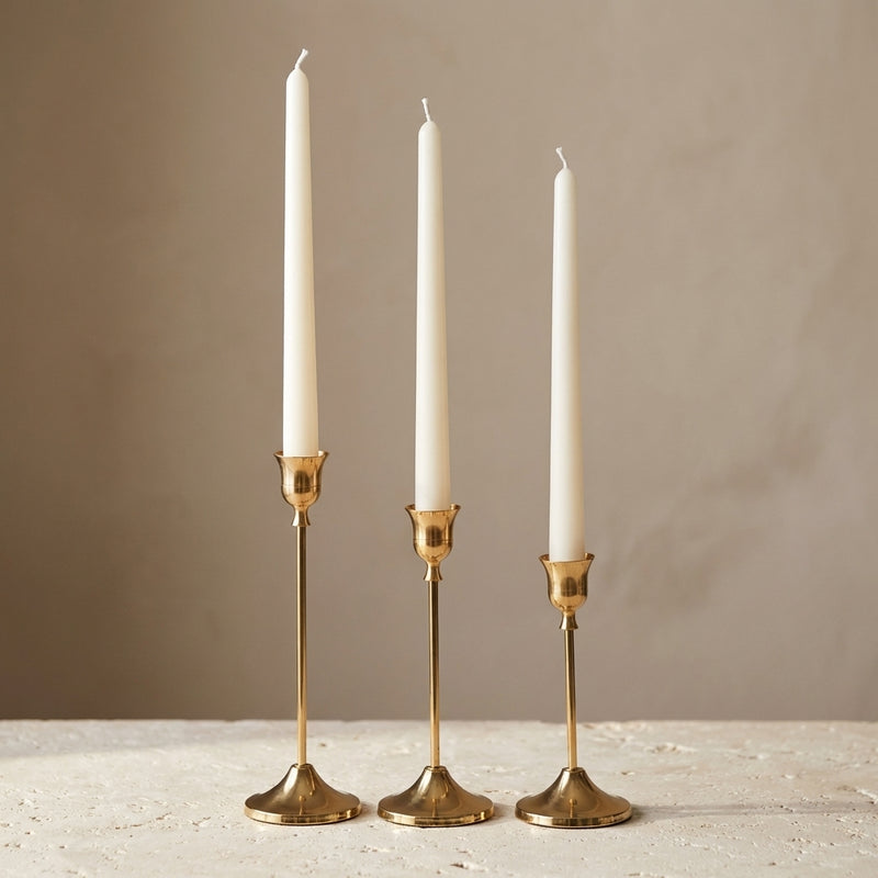 Close-up of a tall, hand-poured soy wax classic taper candle highlighting its beautifully smooth finish.