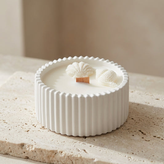 Close-up of a handcrafted ribbed gypsum vessel featuring hyper-realistic wax seashells and a natural wooden wick resting on top of natural white soy wax.
