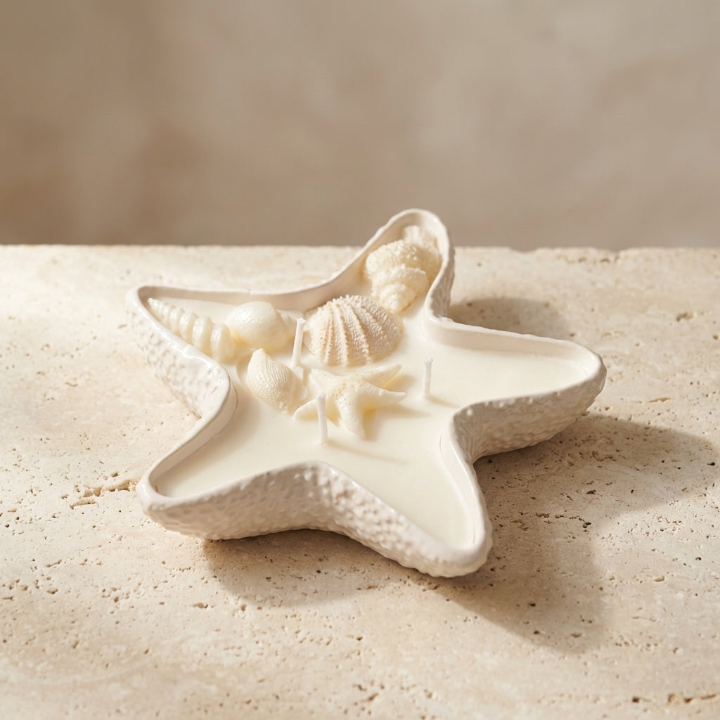 Close-up of a handcrafted starfish-shaped gypsum vessel featuring three wicks, intricate wax seashells, and a miniature wax starfish on top of natural soy wax.