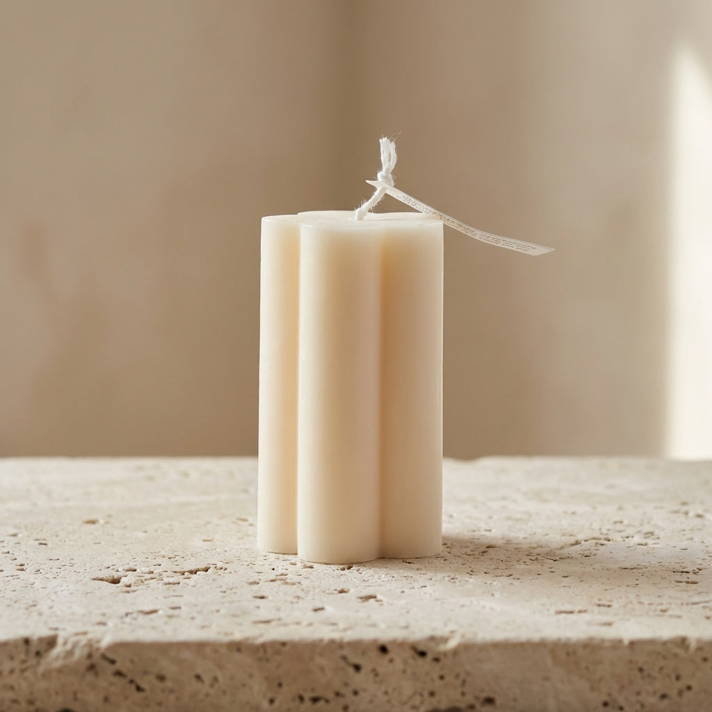 Close-up of a hand-poured soy wax daisy pillar candle highlighting its soft, petal-like edges.