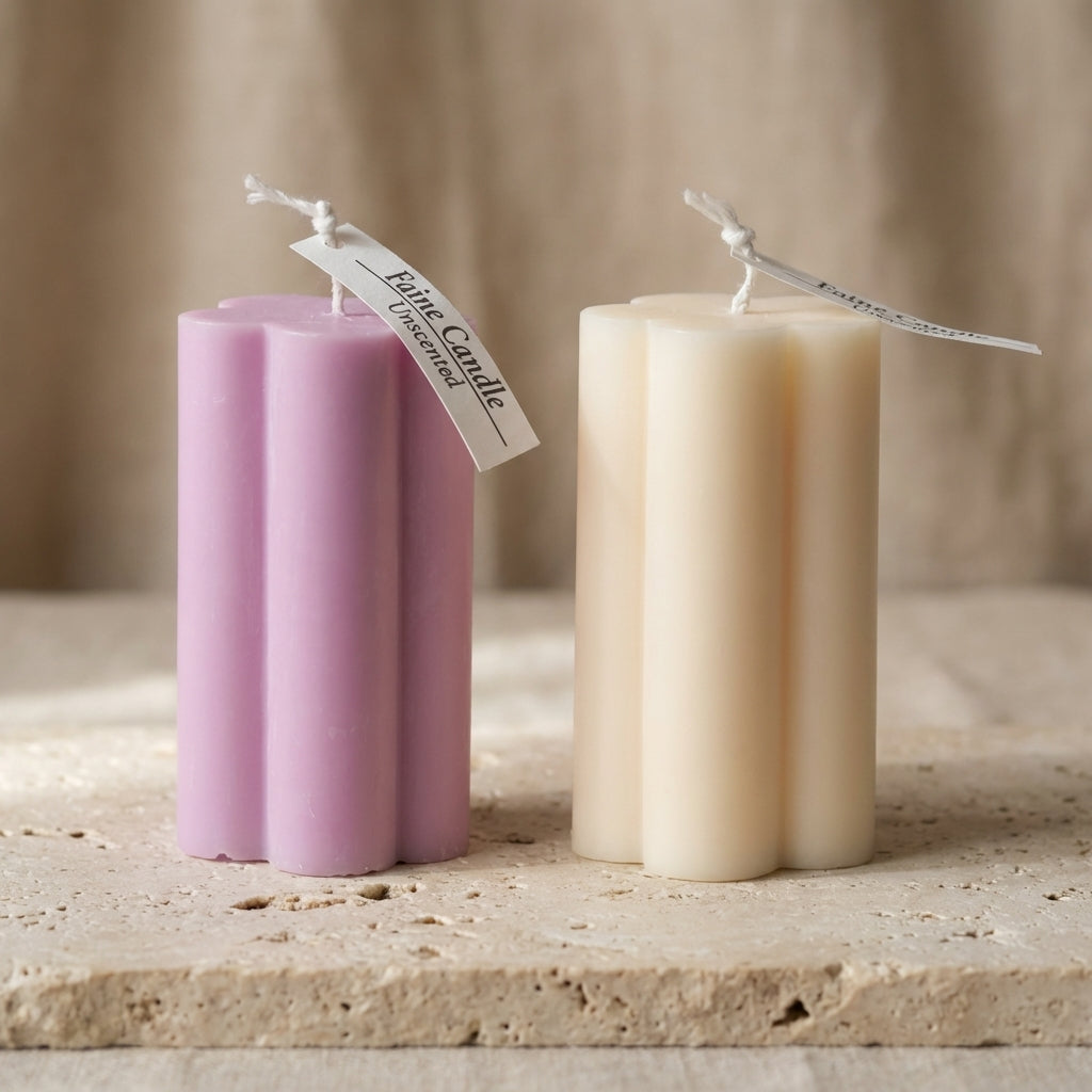 Close-up of a hand-poured soy wax daisy pillar candle highlighting its soft, petal-like edges.