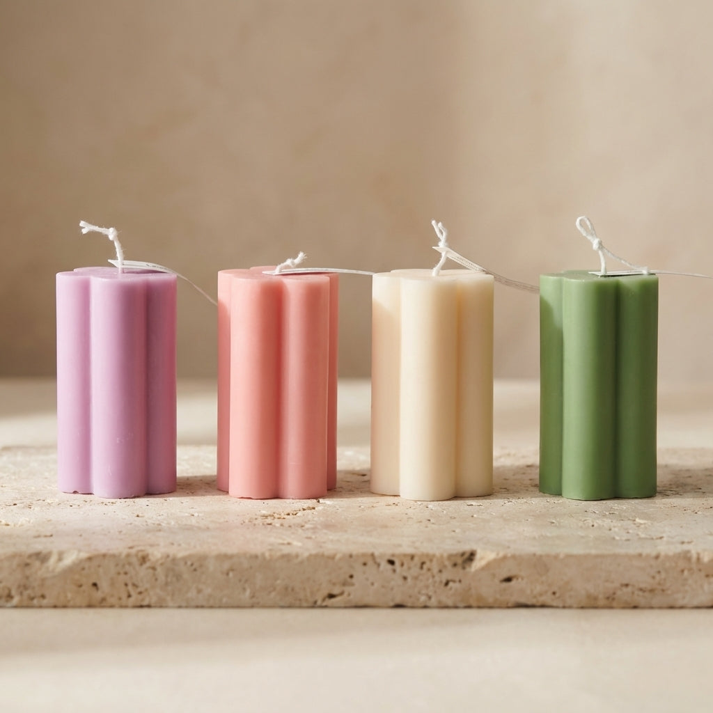 Four colorful candles on a wooden surface with a beige background