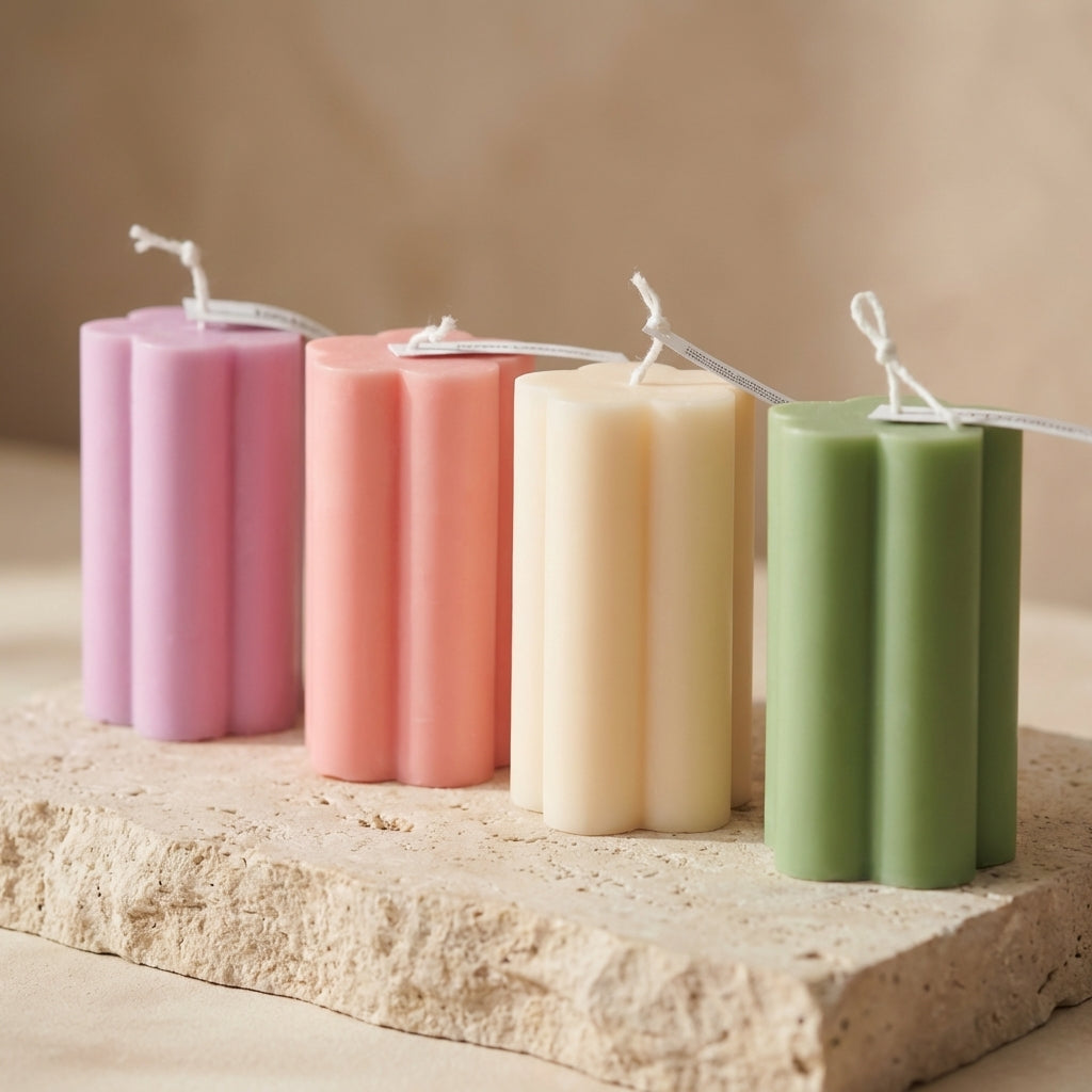 Close-up of a hand-poured soy wax daisy pillar candle highlighting its soft, petal-like edges.