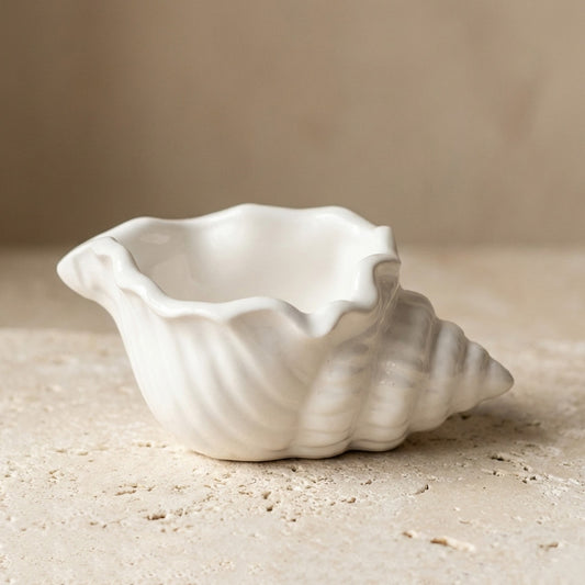 Close-up of a handcrafted decorative gypsum seashell highlighting its detailed conch shape and smooth, unglazed natural white finish.