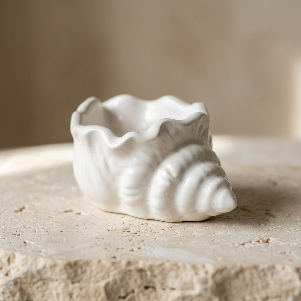 Decorative gypsum seashell styled beautifully as a modern coastal catchall for tiny treasures on an aesthetic vanity.