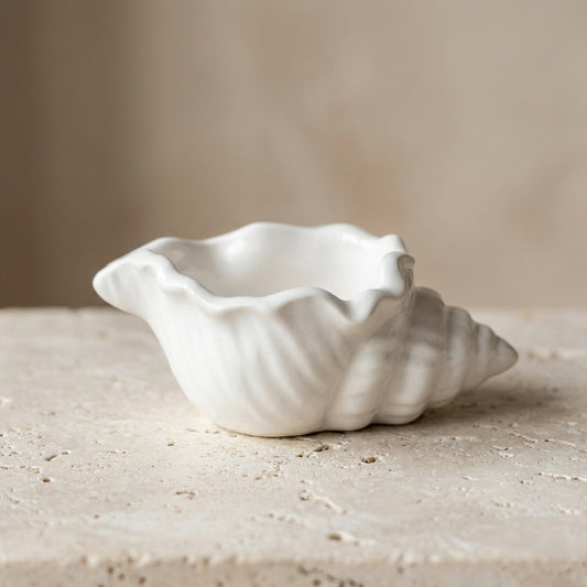 Close-up of a handcrafted decorative gypsum seashell highlighting its detailed conch shape and smooth, unglazed natural white finish.