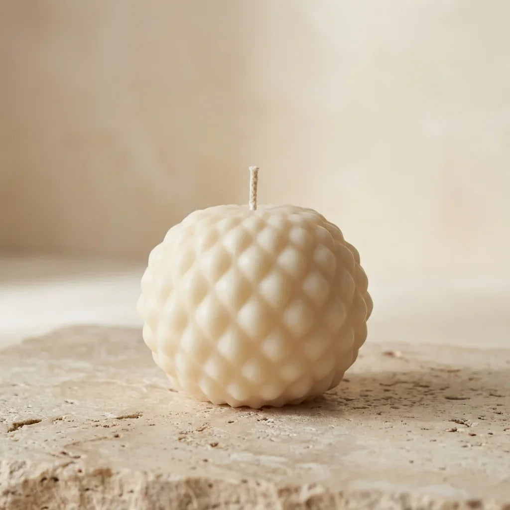 Close-up of a hand-poured soy wax diamond sphere candle highlighting its elegant, repeating geometric pattern.
