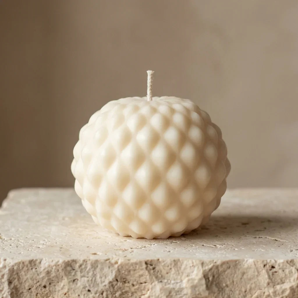 Close-up of a hand-poured soy wax diamond sphere candle highlighting its elegant, repeating geometric pattern.