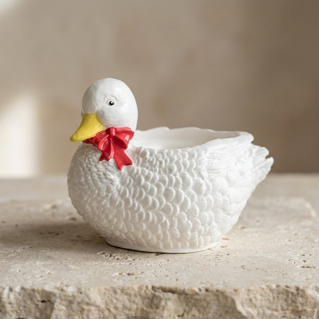 Close-up of a handcrafted natural white gypsum Duck Vessel featuring sculpted feathers, a hand-painted yellow beak, and a red or blue ribbon bow, with natural soy wax poured into a hidden heart-shaped cavity.