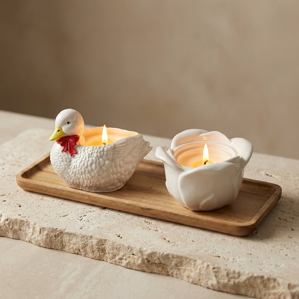 Close-up of a handcrafted gypsum duck vessel featuring a hand-painted yellow beak and red ribbon bow, with natural soy wax poured into a hidden heart-shaped cavity.