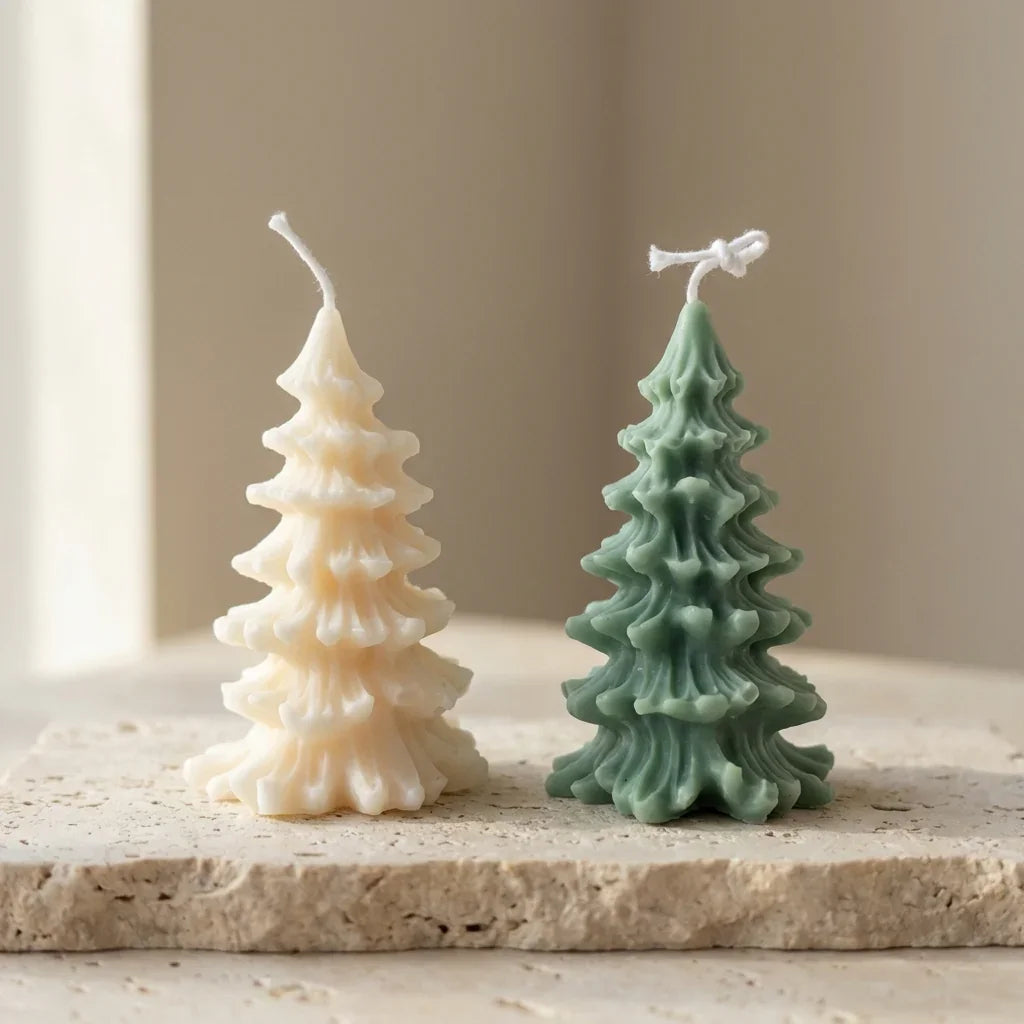 Two Christmas tree-shaped candles, one white and one green, on a stone surface.