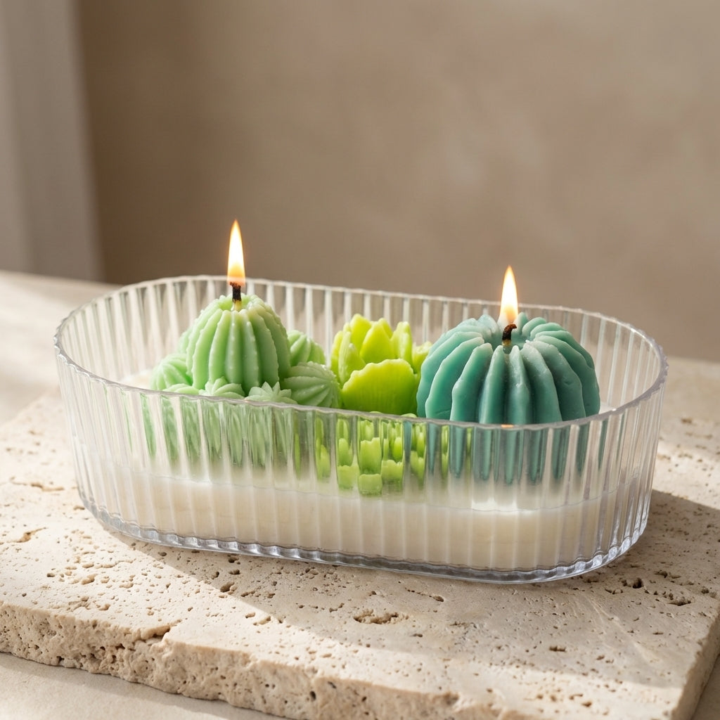 Close-up of a ribbed organic glass oval vessel featuring intricately detailed, hand-crafted wax cacti and succulents resting on top of natural white soy wax.