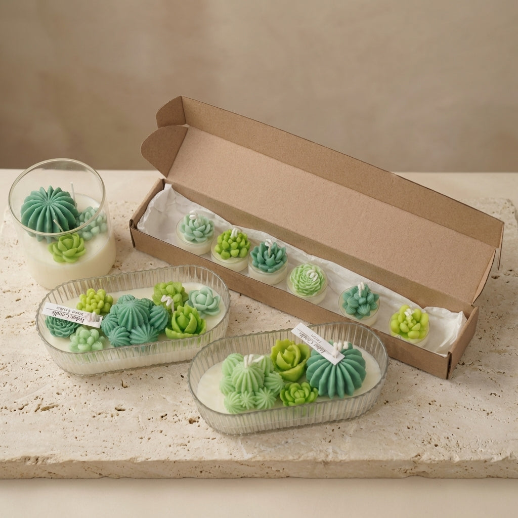 Close-up of a ribbed organic glass oval vessel featuring intricately detailed, hand-crafted wax cacti and succulents resting on top of natural white soy wax.