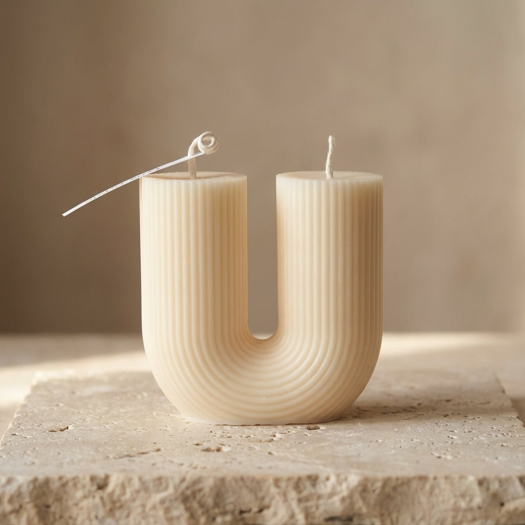 Close-up of a hand-poured soy wax fluted U-shape double wick candle highlighting its contemporary silhouette and elegant vertical fluting.