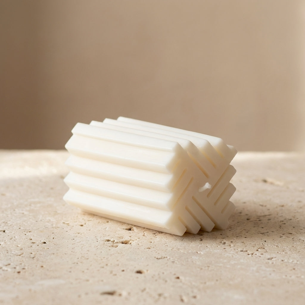 Geometric chevron pillar candle styled beautifully as a modern architectural accent on a minimalist coffee table.