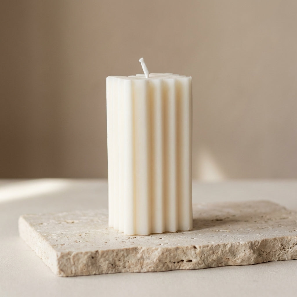 Close-up of a hand-poured soy wax geometric chevron pillar candle highlighting its continuous ribbed lines and zigzag cross-section.