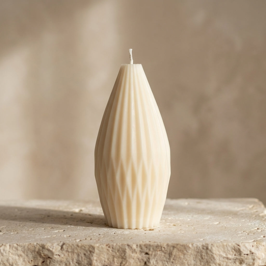 Close-up of a hand-poured soy wax geometric fluted drop candle highlighting its deeply carved architectural pattern and elongated silhouette.