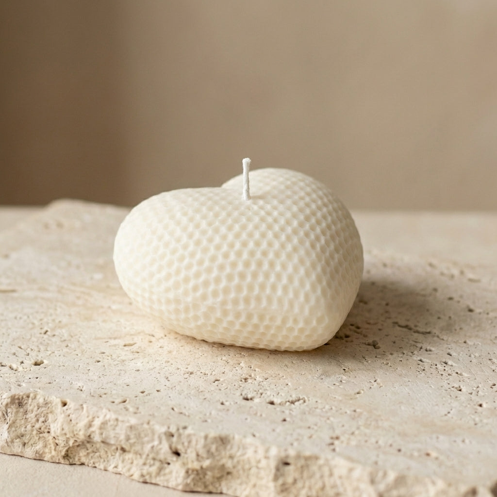 Close-up of a hand-poured soy wax honeycomb heart candle highlighting its plump, rounded silhouette and unique dimpled pattern.